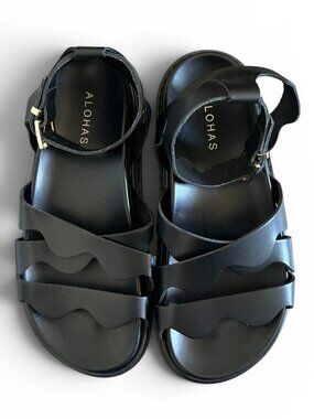 ALOHAS NEW Leather Wave Strap Sandals In Black Size 6.5